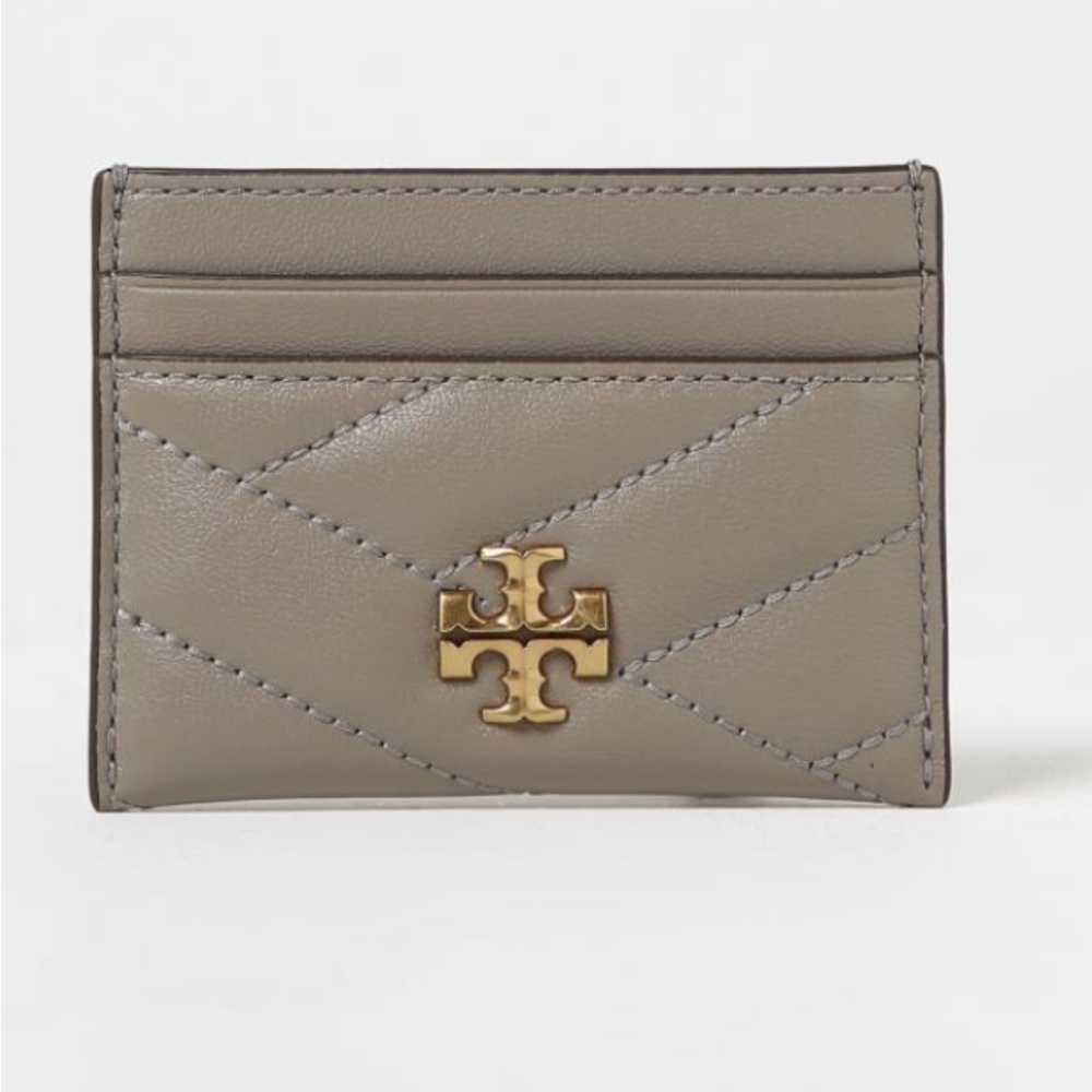 Tory Burch Quilted Taupe Leather Card Holder with Gold Logo